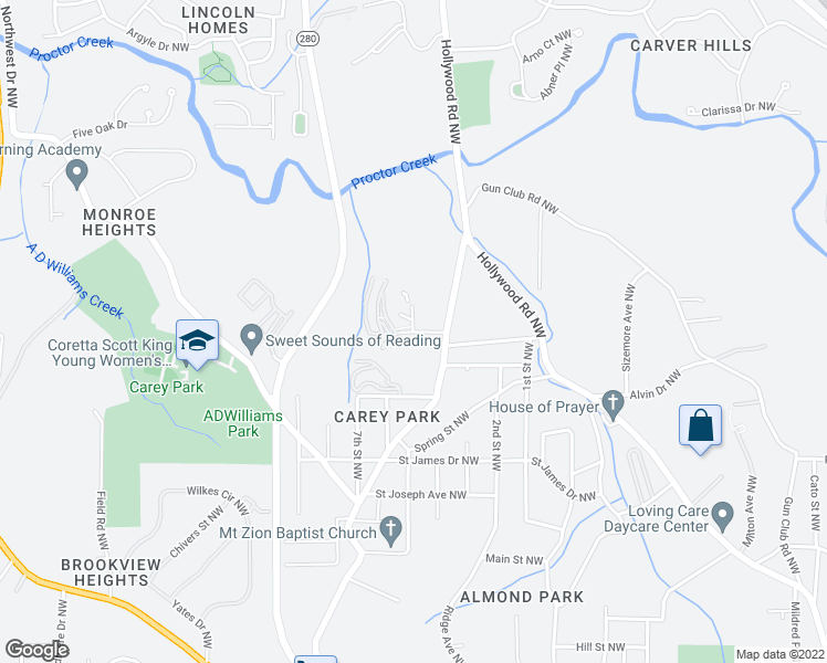 map of restaurants, bars, coffee shops, grocery stores, and more near Center Street Northwest in Atlanta