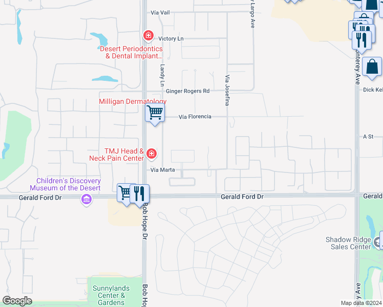 map of restaurants, bars, coffee shops, grocery stores, and more near 14 Alicante Circle in Rancho Mirage
