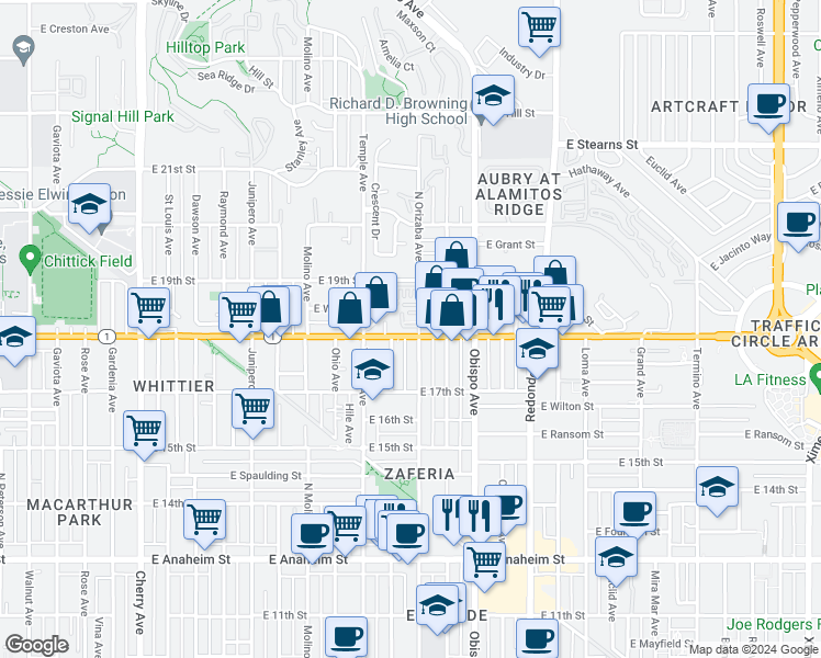 map of restaurants, bars, coffee shops, grocery stores, and more near 2997 East Pacific Coast Highway in Long Beach