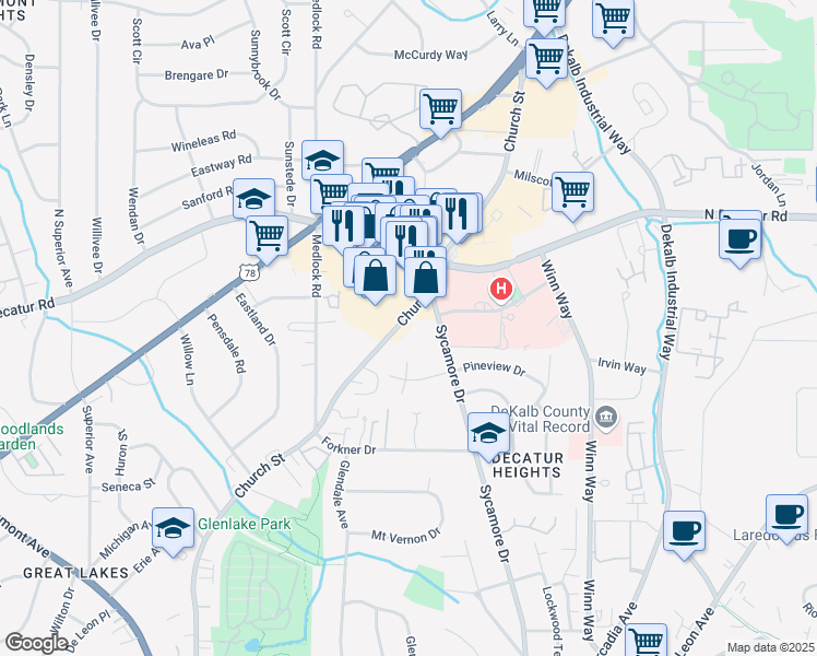 map of restaurants, bars, coffee shops, grocery stores, and more near in North Decatur