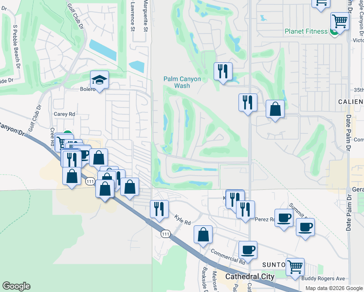 map of restaurants, bars, coffee shops, grocery stores, and more near 3001 Calle Loreto in Palm Springs
