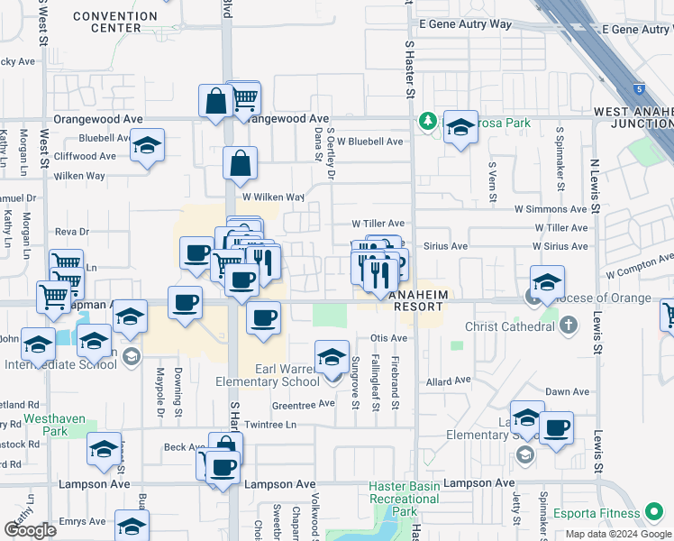 map of restaurants, bars, coffee shops, grocery stores, and more near 11903 Oertley Circle in Garden Grove