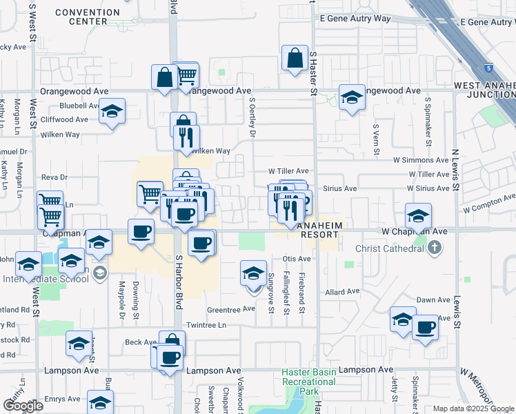 map of restaurants, bars, coffee shops, grocery stores, and more near 11903 Oertley Circle in Garden Grove