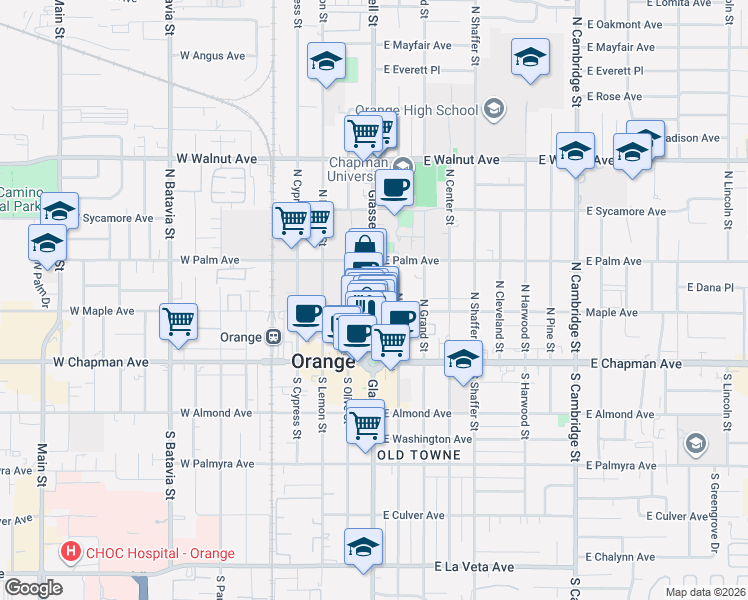 map of restaurants, bars, coffee shops, grocery stores, and more near 244 North Glassell Street in Orange