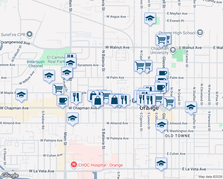 map of restaurants, bars, coffee shops, grocery stores, and more near 238 North Clark Street in Orange