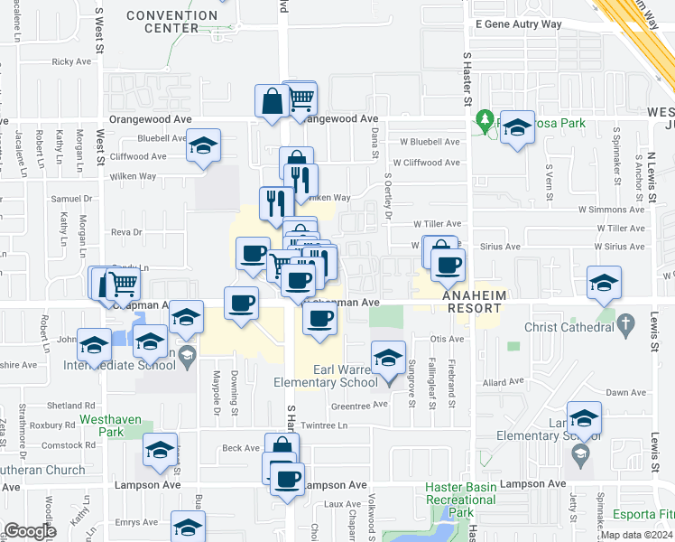map of restaurants, bars, coffee shops, grocery stores, and more near 2310 South Cutty Way in Anaheim
