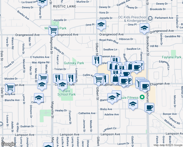 map of restaurants, bars, coffee shops, grocery stores, and more near 9362 Florence Lane in Garden Grove
