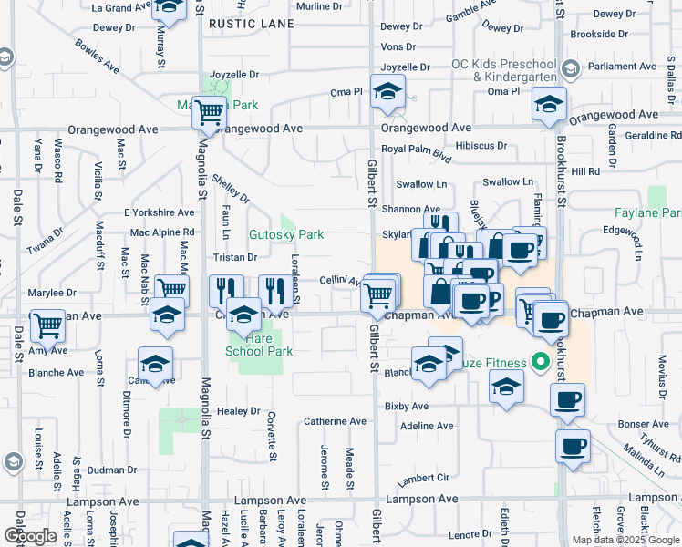 map of restaurants, bars, coffee shops, grocery stores, and more near 9362 Florence Lane in Garden Grove