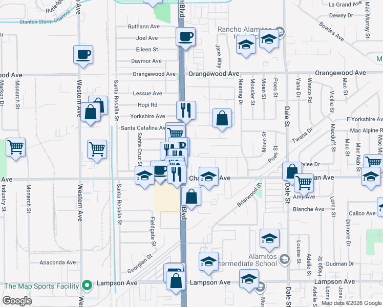 map of restaurants, bars, coffee shops, grocery stores, and more near 11850 Beach Boulevard in Stanton