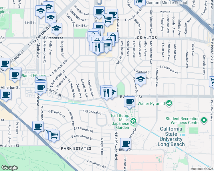 map of restaurants, bars, coffee shops, grocery stores, and more near 1881 Chatwin Avenue in Long Beach