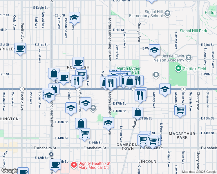 map of restaurants, bars, coffee shops, grocery stores, and more near 1847 North Linsley Court in Long Beach