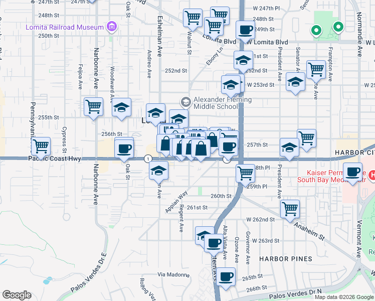map of restaurants, bars, coffee shops, grocery stores, and more near 1910 257th Street in Lomita