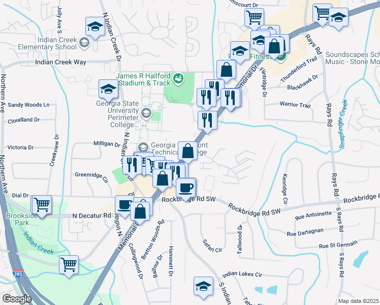 map of restaurants, bars, coffee shops, grocery stores, and more near 4958 Memorial Drive in Stone Mountain