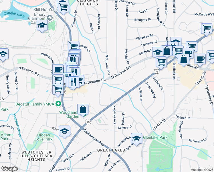 map of restaurants, bars, coffee shops, grocery stores, and more near 510 Superior Avenue in Decatur