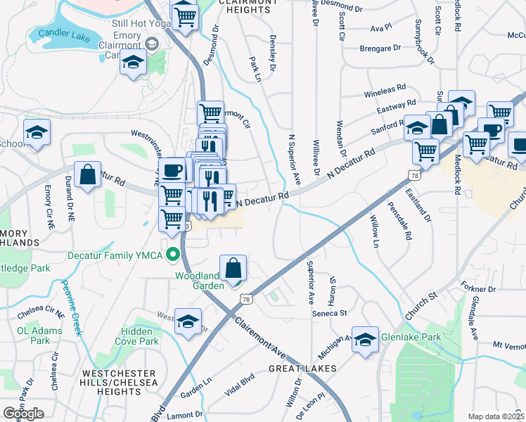map of restaurants, bars, coffee shops, grocery stores, and more near 476 Sherman Way in Decatur