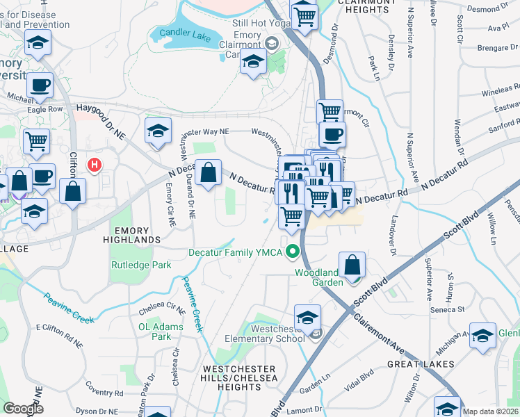 map of restaurants, bars, coffee shops, grocery stores, and more near 510 South Westminster Way in Atlanta