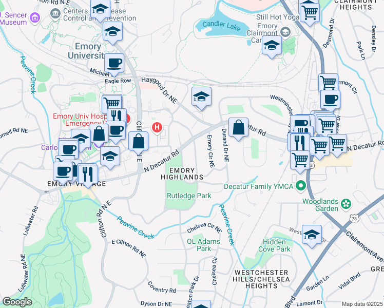 map of restaurants, bars, coffee shops, grocery stores, and more near 1900 Ridgewood Drive Northeast in Atlanta