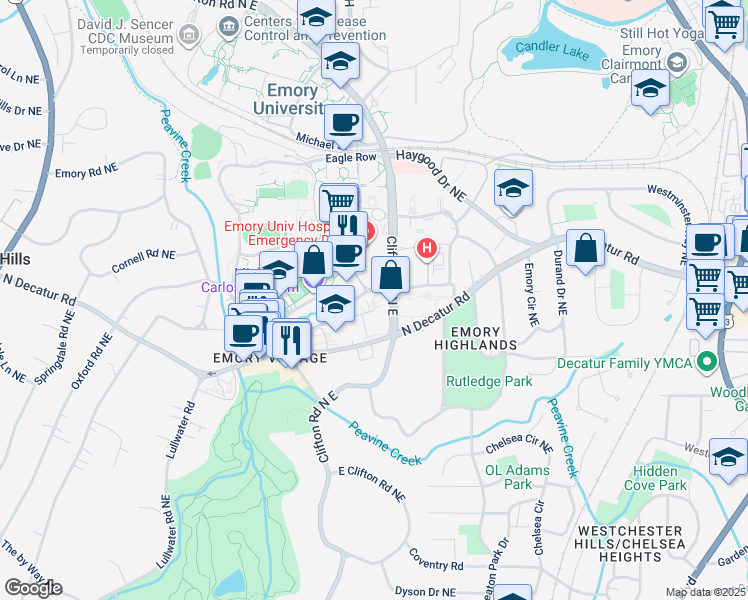 map of restaurants, bars, coffee shops, grocery stores, and more near 540 Asbury Circle in Atlanta