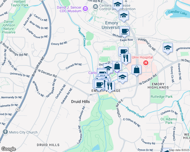 map of restaurants, bars, coffee shops, grocery stores, and more near 1319 Oxford Road Northeast in Atlanta