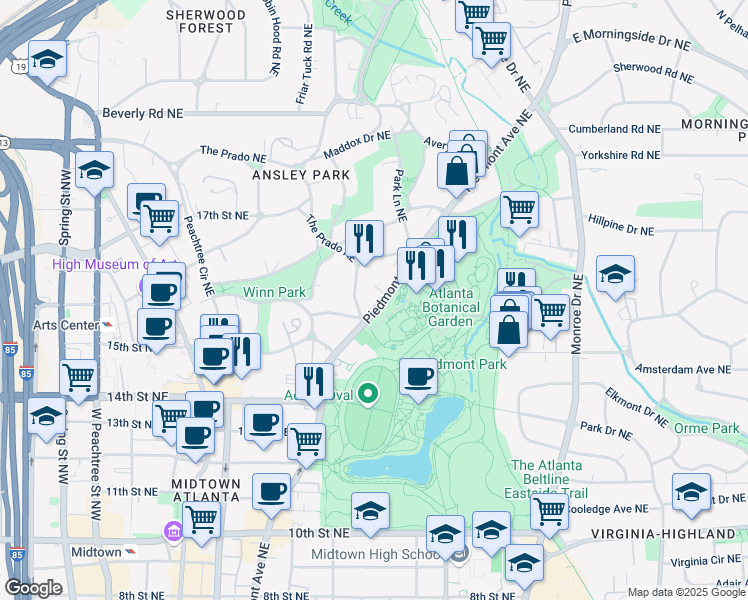 map of restaurants, bars, coffee shops, grocery stores, and more near 1284 Piedmont Avenue Northeast in Atlanta