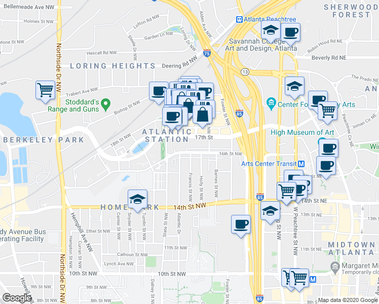 map of restaurants, bars, coffee shops, grocery stores, and more near in Atlanta
