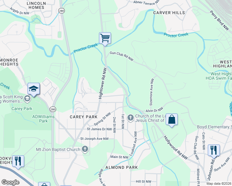 map of restaurants, bars, coffee shops, grocery stores, and more near 2431 Saint Paul Avenue Northwest in Atlanta
