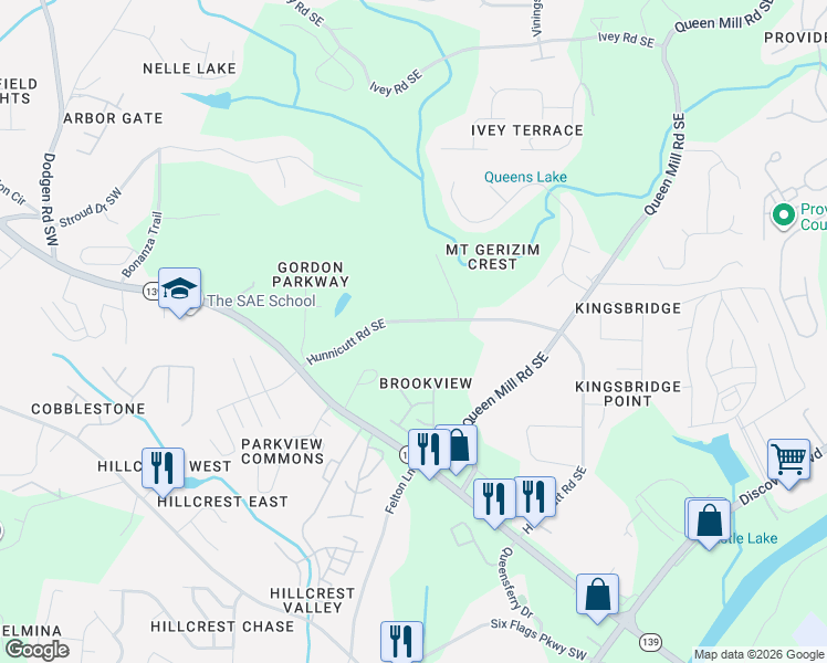 map of restaurants, bars, coffee shops, grocery stores, and more near 366 Hunnicut Road Southeast in Mableton