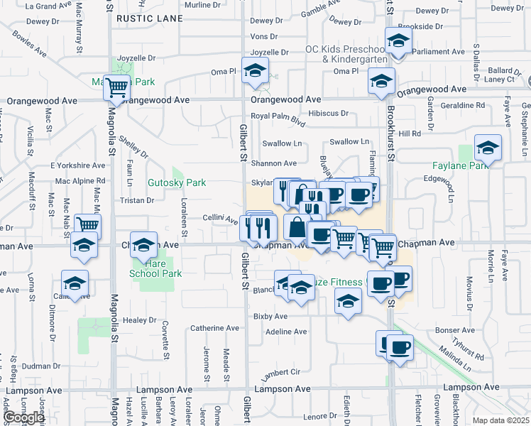 map of restaurants, bars, coffee shops, grocery stores, and more near 9598 Costco St in Garden Grove