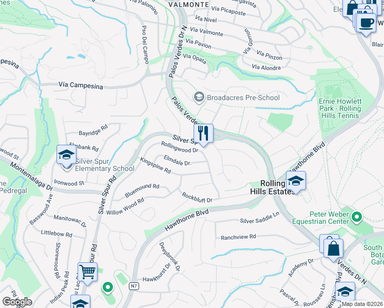 map of restaurants, bars, coffee shops, grocery stores, and more near 39 Rollingwood Drive in Rolling Hills Estates