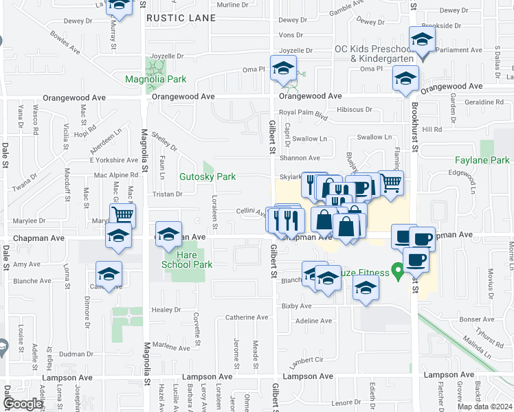 map of restaurants, bars, coffee shops, grocery stores, and more near 9371 Cellini Avenue in Garden Grove