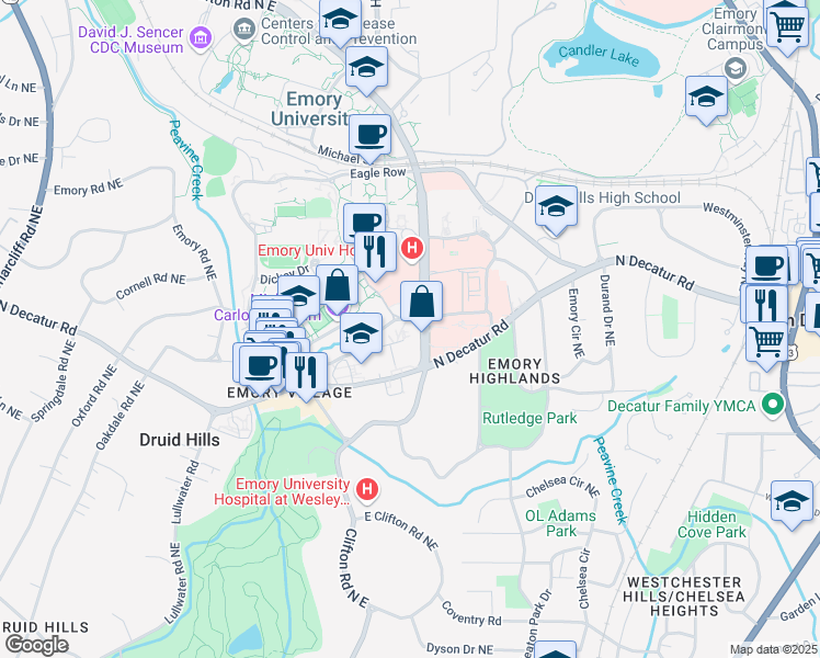 map of restaurants, bars, coffee shops, grocery stores, and more near 1300 Clifton Road Northeast in Atlanta