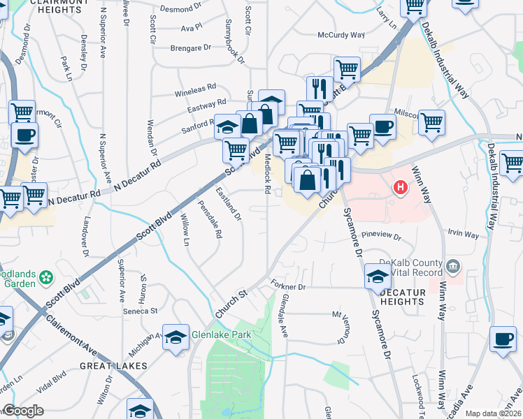 map of restaurants, bars, coffee shops, grocery stores, and more near 2400 Charleston Oaks Lane in Decatur