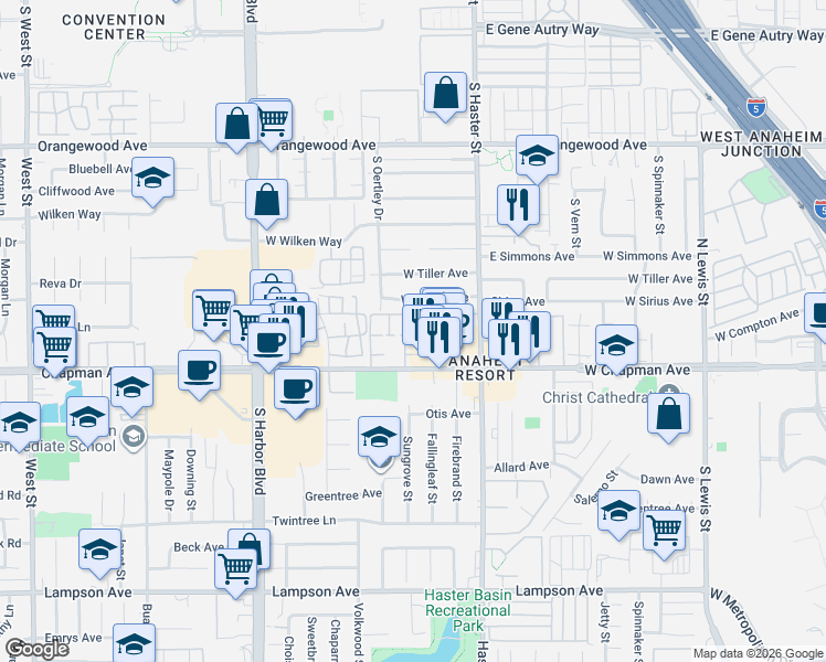 map of restaurants, bars, coffee shops, grocery stores, and more near 12839 Sussex Circle in Garden Grove