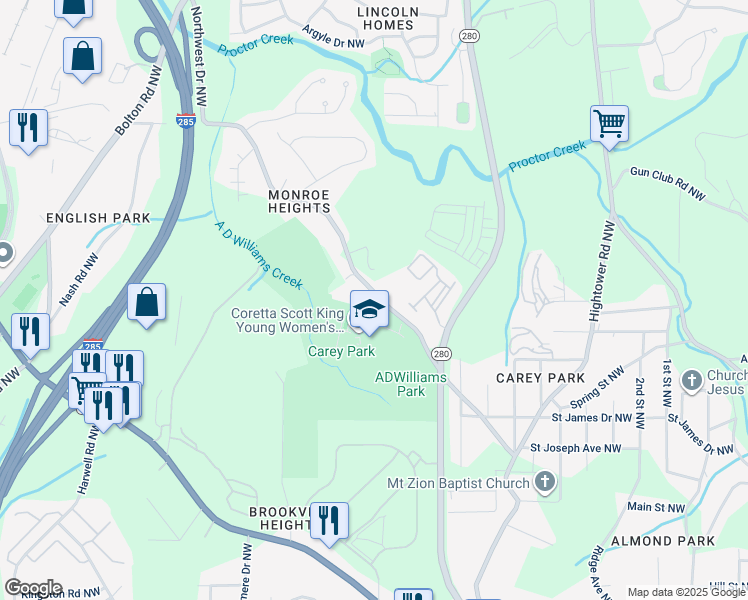map of restaurants, bars, coffee shops, grocery stores, and more near 1288 Northwest Drive Northwest in Atlanta