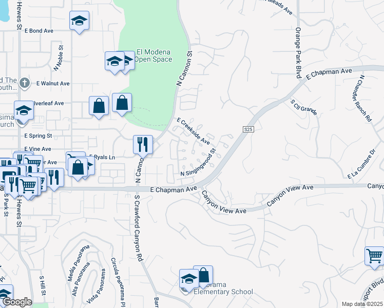 map of restaurants, bars, coffee shops, grocery stores, and more near 5721 East Stillwater Avenue in Orange
