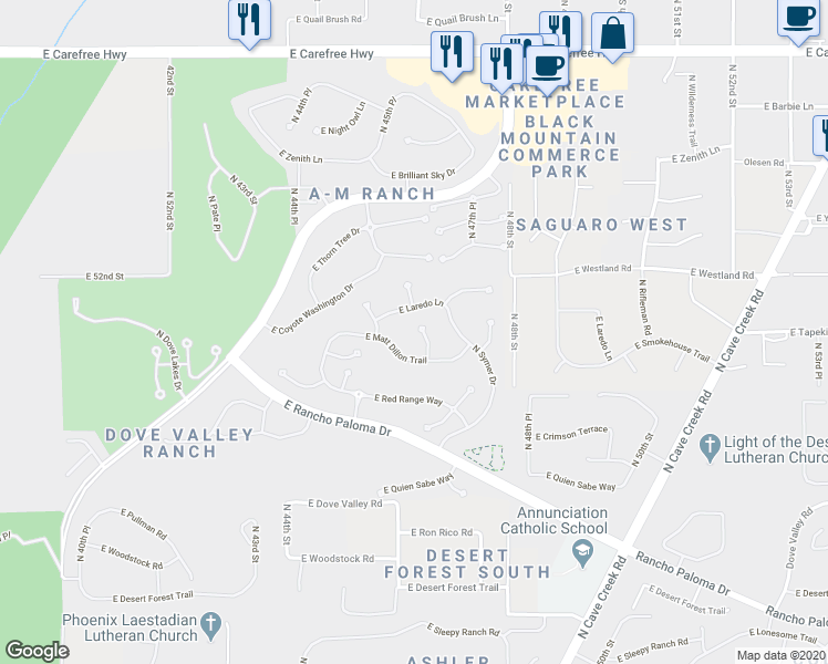 map of restaurants, bars, coffee shops, grocery stores, and more near 33446 North 46th Place in Cave Creek
