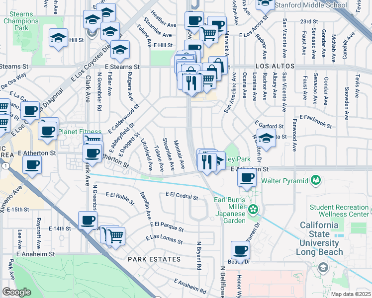 map of restaurants, bars, coffee shops, grocery stores, and more near 1908 North Bellflower Boulevard in Long Beach