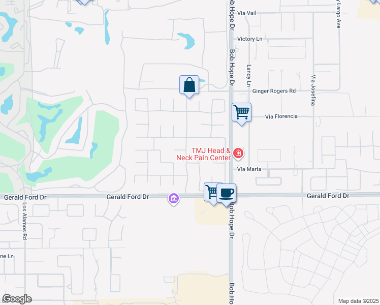 map of restaurants, bars, coffee shops, grocery stores, and more near 16 Victoria Falls Drive in Rancho Mirage
