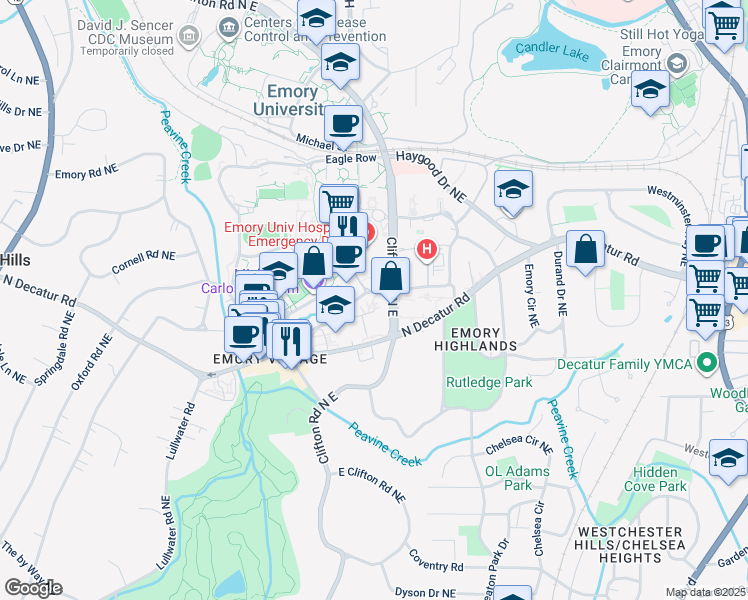 map of restaurants, bars, coffee shops, grocery stores, and more near 1300 Clifton Road North East in Atlanta
