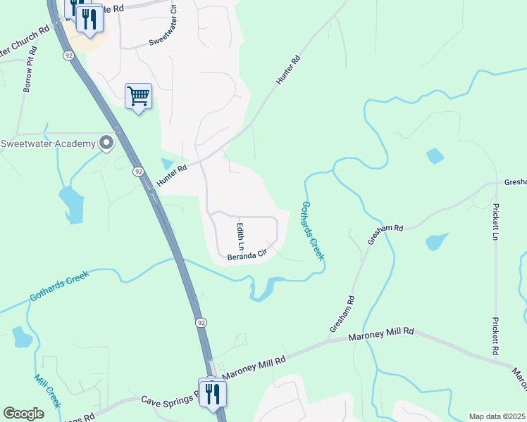 map of restaurants, bars, coffee shops, grocery stores, and more near 698 Beranda Circle in Douglasville