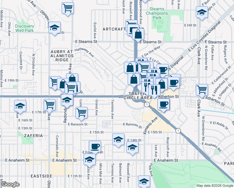 map of restaurants, bars, coffee shops, grocery stores, and more near 4142 East Mendez Street in Long Beach