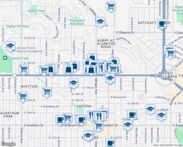 map of restaurants, bars, coffee shops, grocery stores, and more near 3101 East Pacific Coast Highway in Long Beach