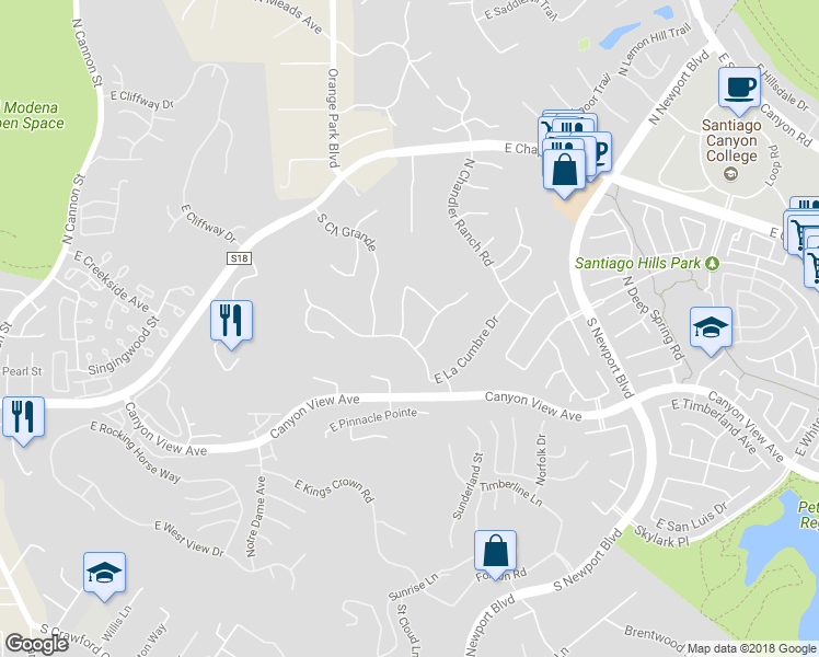 map of restaurants, bars, coffee shops, grocery stores, and more near 197 North Buckskin Way in Orange