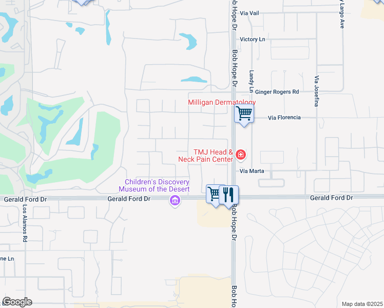 map of restaurants, bars, coffee shops, grocery stores, and more near 16 Victoria Falls Drive in Rancho Mirage