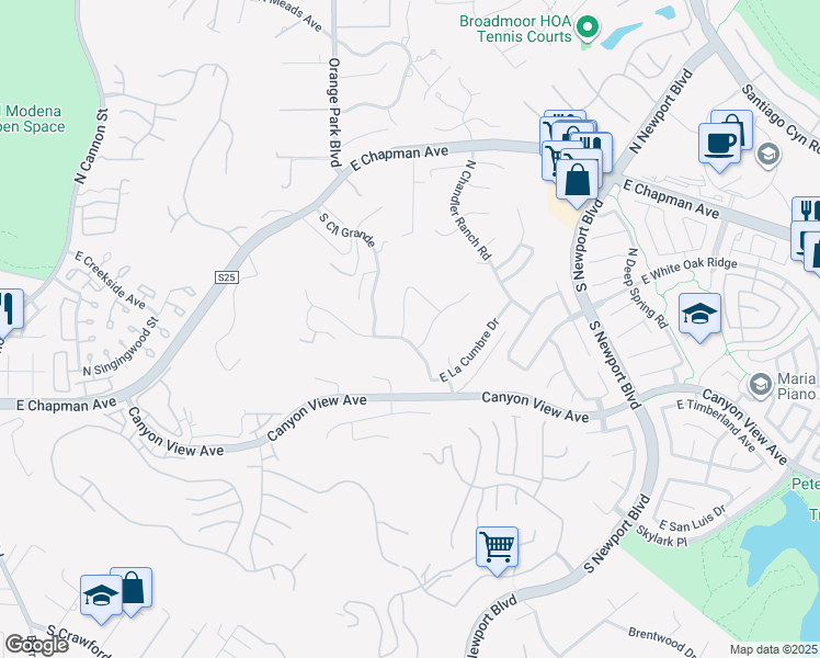 map of restaurants, bars, coffee shops, grocery stores, and more near 197 North Buckskin Way in Orange
