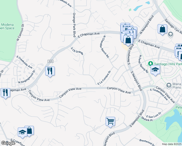 map of restaurants, bars, coffee shops, grocery stores, and more near 197 North Buckskin Way in Orange