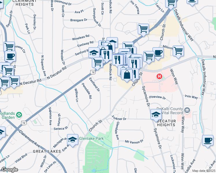 map of restaurants, bars, coffee shops, grocery stores, and more near 2413 Charleston Oaks Lane in Decatur
