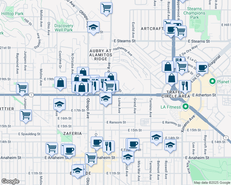 map of restaurants, bars, coffee shops, grocery stores, and more near 3527 Pacific Coast Highway in Signal Hill
