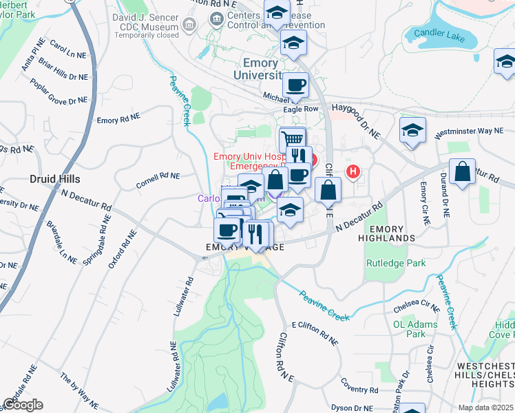 map of restaurants, bars, coffee shops, grocery stores, and more near 201 Dowman Drive in Atlanta