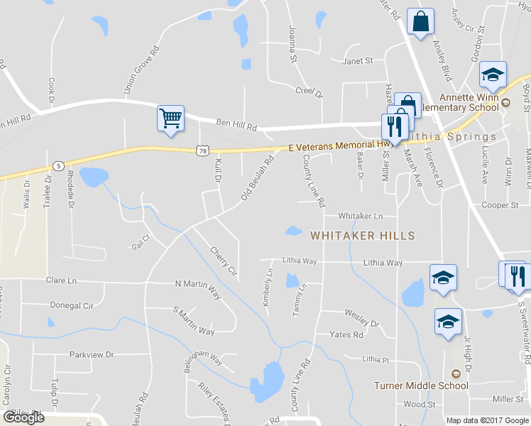 map of restaurants, bars, coffee shops, grocery stores, and more near 6746 Old Beulah Road in Lithia Springs